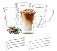 FOGAWA 4PACK Double Walled Glass Coffee Mugs 350ml Latte Glasses Coffee Glasses with Handle Iced Coffee Cup Insulated Glass Cups Heat Resistant with Straws for Cappuccino Juice Tea Milk Beer