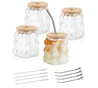 FOGAWA 4PACK Glass Coffee Mugs 350ML Latte Glasses Coffee Glasses Iced Coffee Cup with Bamboo Lid Glass Cups Grape Shape Drinking Glasses with Straw Spoon for Cappuccino Milk Juice Tea Beer