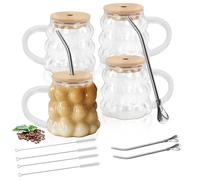 FOGAWA 4PACK Iced Coffee Cup 350ML Glass Coffee Mugs Glass Cups with Lids and Straws Latte Glasses Coffee Glasses with Handle Bubble Drinking Glasses for Cappuccino Milk Juice Tea Beer