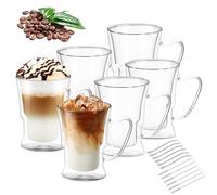 FOGAWA 6PACK Double Walled Glass Coffee Mugs 350ml Latte Glasses Coffee Glasses with Handle Iced Coffee Cup Insulated Glass Cups Heat Resistant with Straws for Cappuccino Juice Tea Milk Beer