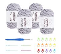 FOGAWA Crochet Yarn for Beginners 4x50g Chunky Yarn for Crochet Grey Chunky Cotton Yarn Thick Wool for Crafts Amigurumi Knitting with 4mm Crochet Hook 4 Plastic Needles 15 Stitch Markers