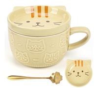 FOGAWA Cute Cat Mug with Lid Gifts for Women Cats Lovers Ceramic Cat Coffee Mug Kawaii Animal Coffee Tea Cup Saucer Set for Christmas Gifts Birthday New Year Boys Girls Men Mum