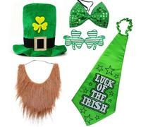 Fogcosy 4 Pcs St. Patrick’s Day Costume Set, Green Clover Top Hat Beard Tie Bow Tie Glasses, St. Patrick's Day Accessories, Irish Shamrock Decorations for Men Women Festival Ornaments