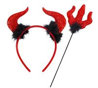 Fogcosy Halloween Devil Costume Accessories Set, Red Sparkly Devil Horn Headband and Wand Set, Halloween Costume Photo Props, Cosplay Party Accessories for Adult and Kids