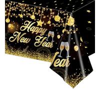 Fogcosy Happy New Year Table Cloth, New Years Eve Decorations 2026, 4.49 X 8.99 Feet Black Gold Rectangular Table Cloths, Plastic Tablecloth for 2026 New Year's Eve Party Supplies