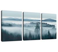 Foggy Forest Canvas Wall Art Indigo Misty Forest Pictures Blue Grey Abstract Mountain Trees Painting Artwork Nature Scene Canvas Art for Living Room Bedroom Home Office Wall Decor 12" x 16" x 3Piece