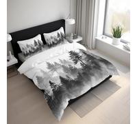 Foggy Forest Duvet Cover, Misty Woodland Trees Bedding Sets Double Size, Reversible Print Breathable Quilt Cover with 2 Pillowcases, Zipper Closure, Bedroom Decor HS1d