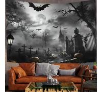 Foggy Graveyard Art Tapestry Wall Hanging, Halloween Landscape Design 230X150Cm, Charcoal Gray Polyester Tapestries For Dorm Bedroom Living Room Decor, Halloween Party Backdrop With Hooks