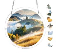 Foggy Hills Misty Nature Landscape Acrylic Round Puzzle 7.8x7.8Inch Wall Art | Creative Home Accent with Visual Appeal