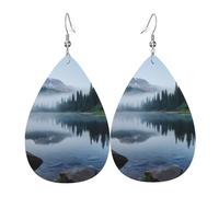 Foggy Lake by Mount Rainier Leather Earrings for Women Teardrop Dangle Earrings Lightweight Unique Custom Picture Earrings Jewelry Fashion Pendant and Valentine Birthday Party Gift