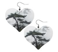 Foggy Mountain Pine Tree Leather Earrings for Women Heart Dangle Earrings Lightweight Drop Earring Jewelry Gift