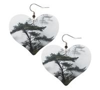 Foggy Mountain Pine Tree Leather Earrings for Women Heart Dangle Earrings Lightweight Drop Earring Jewelry Gift