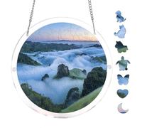Foggy Sunrise Hills Nature Landscape Acrylic Round Puzzle 7.8x7.8Inch Wall Hanging