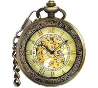 Fogitbok Mechanical Pocket Watch with Chain for Men Half-Hunter Case Hand Wind Up Analog Pocketwatch for Women Ideal Gifts, Bronze & Roman No., Retro