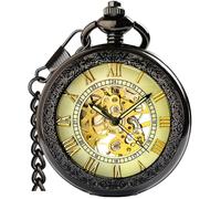 Fogitbok Mechanical Pocket Watch with Chain for Men Half-Hunter Case Hand Wind Up Analog Pocketwatch for Women Ideal Gifts, Black & Roman No.