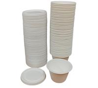 Foglish Home & Garden 4oz Bagasse Paper Sauce Pots with Lids, White, Round, 120ml Capacity, Disposable Containers for Takeaway Portions and Condiments (50)