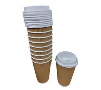 Foglish Home & Garden Premium Brown Ripple Wall Hot Cups + Sip Lids, 16 oz, Disposable Paper Coffee Cups with White Rim, Insulated Design for Hot Beverages (25)