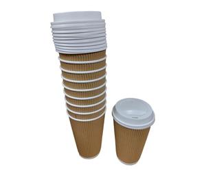 Foglish Home & Garden Premium Brown Ripple Wall Hot Cups + Sip Lids, 16 oz, Disposable Paper Coffee Cups with White Rim, Insulated Design for Hot Beverages (10)