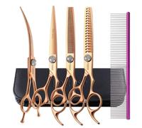 FOGOSP 7'' Dog Grooming Scissors Set Rose Gold Titanium 4PCS Curved Thinning Straight Chunkers Shears Kit with White Artificial Diamonds Ergonomic Offset Handle Japan 440C Sharp and Durable