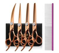 FOGOSP Left Handed 7'' Dog Grooming Scissors Set 4PCS Rose Gold Titanium Curved Thinning Straight Chunkers Shears Kit for Professional Groomers Pet Salon Ergonomic Offset Handle Japan 440C