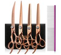 FOGOSP Left Handed Dog Grooming Scissors Set 4PCS Rose Gold Titanium Curved Thinning Straight Chunkers Shears Kit with White Artificial Diamonds Ergonomic Offset Handle Japan 440C