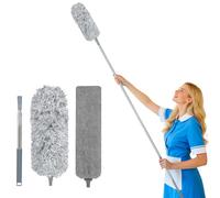 Fogray 2-in-1 Extendable Feather Duster & Gap Cleaning Tool Set Telescopic, Washable Microfiber Head with Soft Silicone Cap & Bendable Flat Crevice Duster for High Ceiling and Under Furniture Cobweb