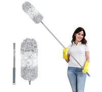Fogray 2025 Upgraded Extendable Feather Duster with Soft Silicone Cap, Telescopic Long Handled Microfiber Dusters for Cleaning, Cobweb High Ceiling Fan Roof Blinds, Washable & Bendable(GrayWhite)