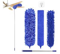 Fogray Extendable Feather Duster, Bendable Microfiber Duster with Extra Long 100" Telescopic Extension Pole and Soft Silicone Cap, Washable Duster for Cleaning Roof, High Ceiling Fan, Blinds(Blue)