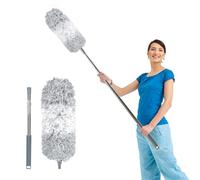 Fogray Extendable Feather Duster, Bendable Microfiber Long Handled with Extra Telescopic Extending Pole and Soft Silicone Cap, Washable Duster for Cleaning Roof, High Ceiling Fan, Blinds(Gray & White)