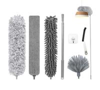 Fogray Extendable Feather Duster Kit - Long Handled 100" Telescopic Pole and Soft Silicone Cap, Bendable Washable Heads for Cleaning Cobwebs, High Ceiling Fans, Roof, Furniture & Cars(7Pcs-Grey)