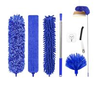 Fogray Extendable Feather Duster Kit - Long Handled 100" Telescopic Pole and Soft Silicone Cap, Bendable Washable Heads for Cleaning Cobwebs, High Ceiling Fans, Roof, Furniture & Cars(7Pcs-Blue)