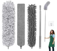 Fogray Extendable Feather Duster Kit - Long Handled 100" Telescopic Pole and Soft Silicone Cap, Bendable Washable Heads for Cleaning Cobwebs, High Ceiling Fans, Roof, Furniture & Cars(5Pcs-Grey)