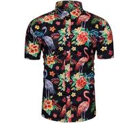 fohemr Funky Hawaiian Shirts for Men Short Sleeve Tropical Button Down Summer Beach Shirts Flamingo Print Black Medium