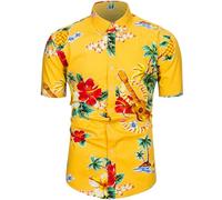 fohemr Funky Hawaiian Shirts for Men Short Sleeve Tropical Button Down Summer Beach Shirts Yellow Large