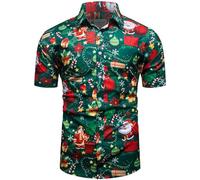 fohemr Men Christmas Hawaiian Floral Shirt Button Down Shirt Santa Claus Funny Printed Short Sleeve Party Holiday Shirt Green 3X-Large