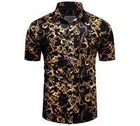 fohemr Mens Chain Print Black Gold Shirt Luxury Baroque Vintage Short Sleeve Casual Button Down Dress Shirts XX-Large