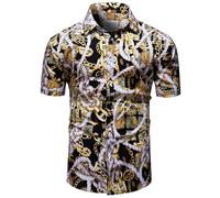 fohemr Mens Chain Print Gold Black Shirt Luxury Baroque Vintage Short Sleeve Casual Button Down Dress Shirts 3X-Large