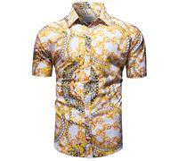 fohemr Mens Chain Print Gold Shirt Luxury Baroque Vintage Short Sleeve Casual Button Down Dress Shirts X-Large