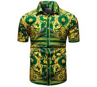 fohemr Mens Chain Print Gold Shirt Luxury Baroque Vintage Short Sleeve Casual Button Down Dress Shirts XX-Large