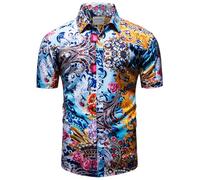fohemr Mens Chain Print Shirt Luxury Baroque Vintage Short Sleeve Casual Button Down Dress Shirts Blue Medium