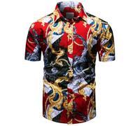 fohemr Mens Chain Print Shirt Luxury Baroque Vintage Short Sleeve Casual Button Down Dress Shirts Gold Medium