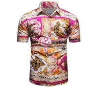 fohemr Mens Chain Print Shirt Luxury Baroque Vintage Short Sleeve Casual Button Down Dress Shirts Red 4X-Large