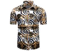 fohemr Mens Chain Print Shirt Luxury Baroque Vintage Short Sleeve Casual Button Down Dress Shirts White Medium