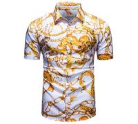 fohemr Mens Chain Print Shirt Luxury Baroque Vintage Short Sleeve Casual Button Down Dress Shirts White Large