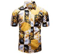 fohemr Mens Chain Print Shirt Luxury Baroque Vintage Short Sleeve Casual Button Down Dress Shirts Yellow Gold Small