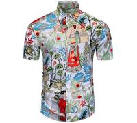 fohemr Mens Funky Hawaiian Shirt Flower Print Short Sleeve Casual Tropical Button Down Summer Beach Shirt White X-Large