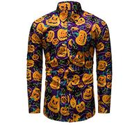 fohemr Mens Halloween Shirts Ugly Pumpkin Bat Print Long Sleeve Button Down Casual Jack-O-Lantern Costume Dress Shirt Theme Party Purple 3X-Large