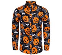 fohemr Mens Halloween Shirts Ugly Pumpkin Bat Print Long Sleeve Button Down Casual Jack-O-Lantern Costume Dress Shirt Ghost Theme Party Black XX-Large