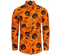 fohemr Mens Halloween Shirts Ugly Pumpkin Bat Print Long Sleeve Button Down Casual Jack-O-Lantern Spider Costume Dress Shirt Theme Party Orange Small