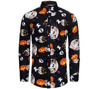 fohemr Mens Halloween Shirts Ugly Pumpkin Print Long Sleeve Button Down Casual Jack-O-Lantern Costume Dress Skull Shirt Ghost Theme Party Black Large